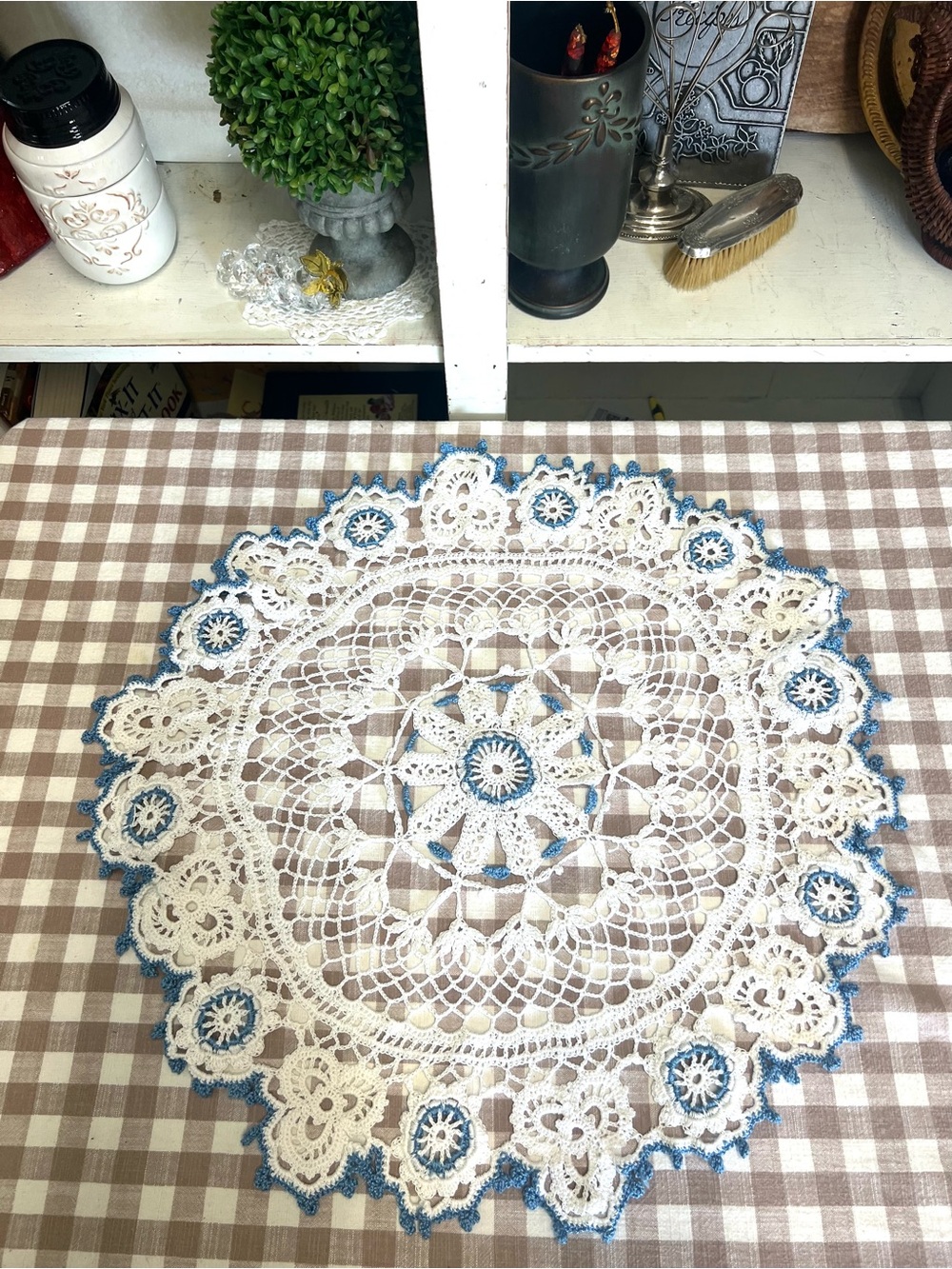 Vintage crocheted doily large blue white grandma core decor